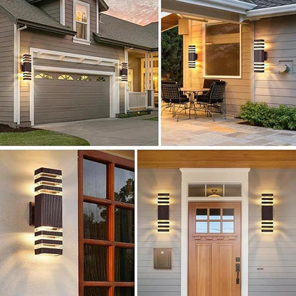 Schwarze Außen-LED-Wandlampe an Hauswand, Terrasse und neben einer Haustür in einer weiteren Ansicht.