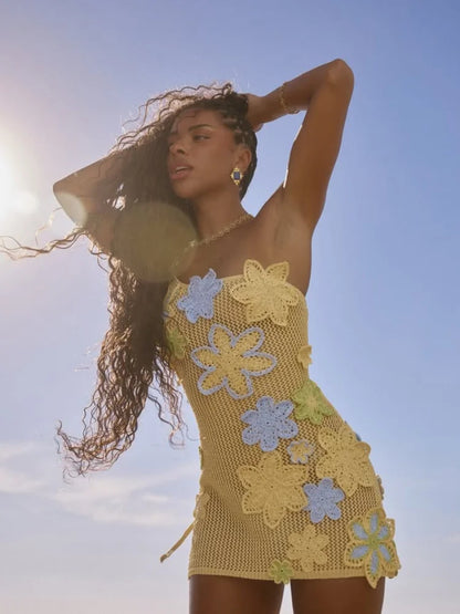 Gelbes gehäkeltes Sommer-Minikleid mit Blumenstickerei für Damen – Nari