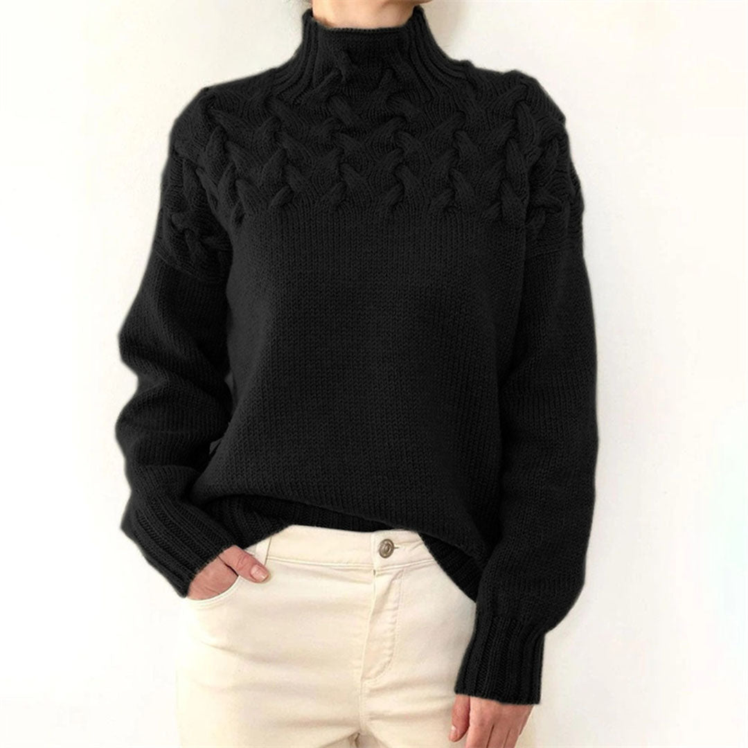 Schwarzer Strickpullover Damen, Zopfmuster, Rollkragen, warm, modisch, Wintermode.