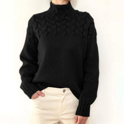 Schwarzer Strickpullover Damen, Zopfmuster, Rollkragen, Wintermode, warm, elegant.