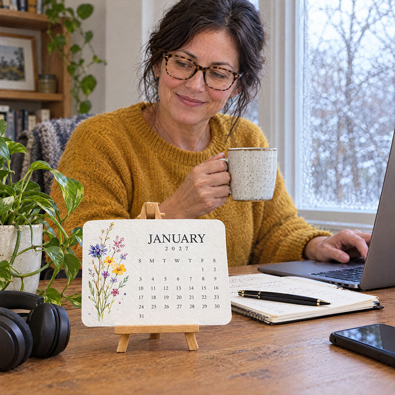 Kalender mit Wildblumenmotiv auf Staffelei am Schreibtisch, dahinter eine Frau mit Tasse am Laptop, daneben Notizbuch und 6