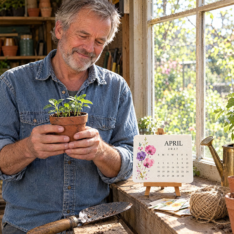 Lächelnder Mann hält im Gartenhaus ein Töpfchen mit Keimlingen, daneben steht das Aprilblatt mit rosa und violetten Blüten 7