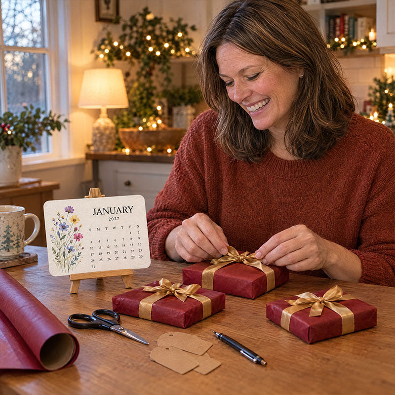 Lächelnde Frau verpackt Geschenke mit Goldband, daneben steht das Januarblatt mit Wildblumenmotiv auf einer kleinen 8