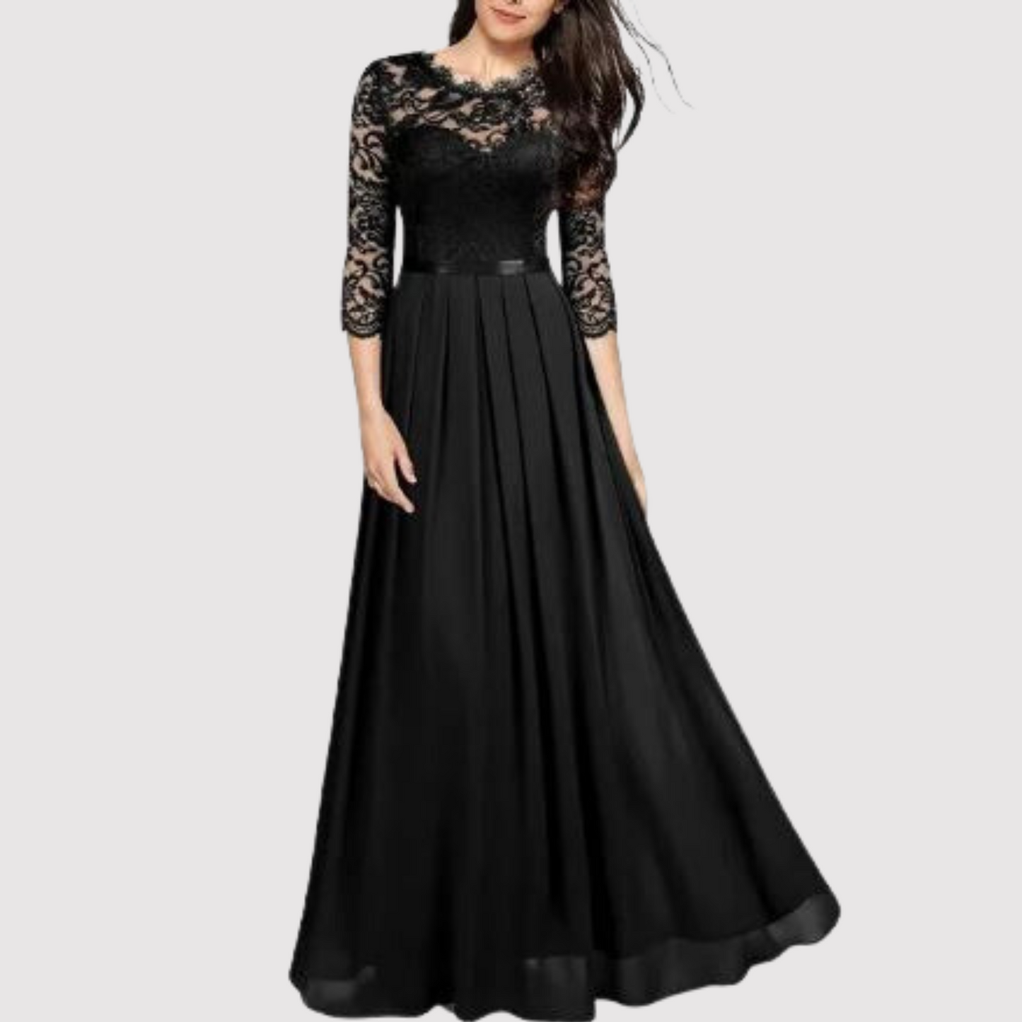 Schwarzes Abendkleid Damen, Spitzenoberteil, lange Ärmel, elegantes Design, bodenlang.