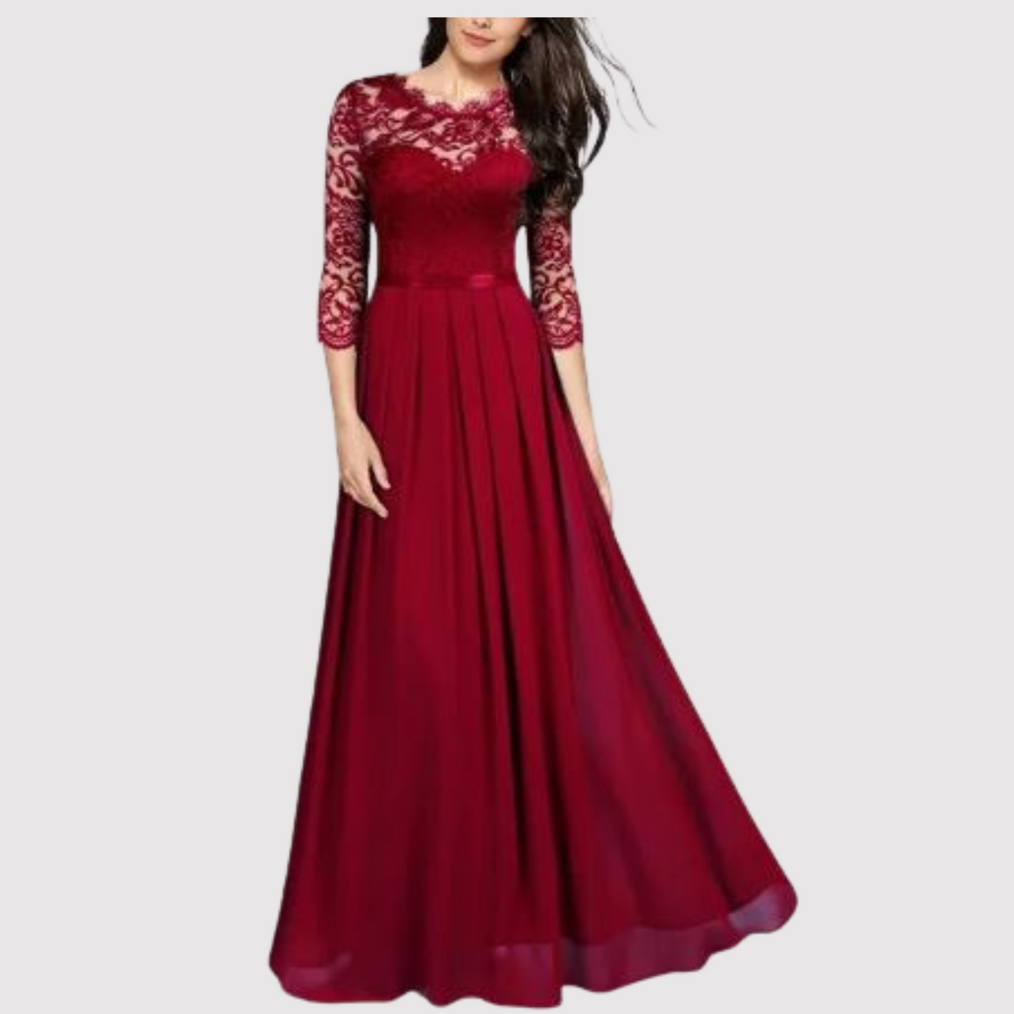 Rotes Abendkleid mit Spitzenärmeln, bodenlang, elegantes Design, Damenmode.
