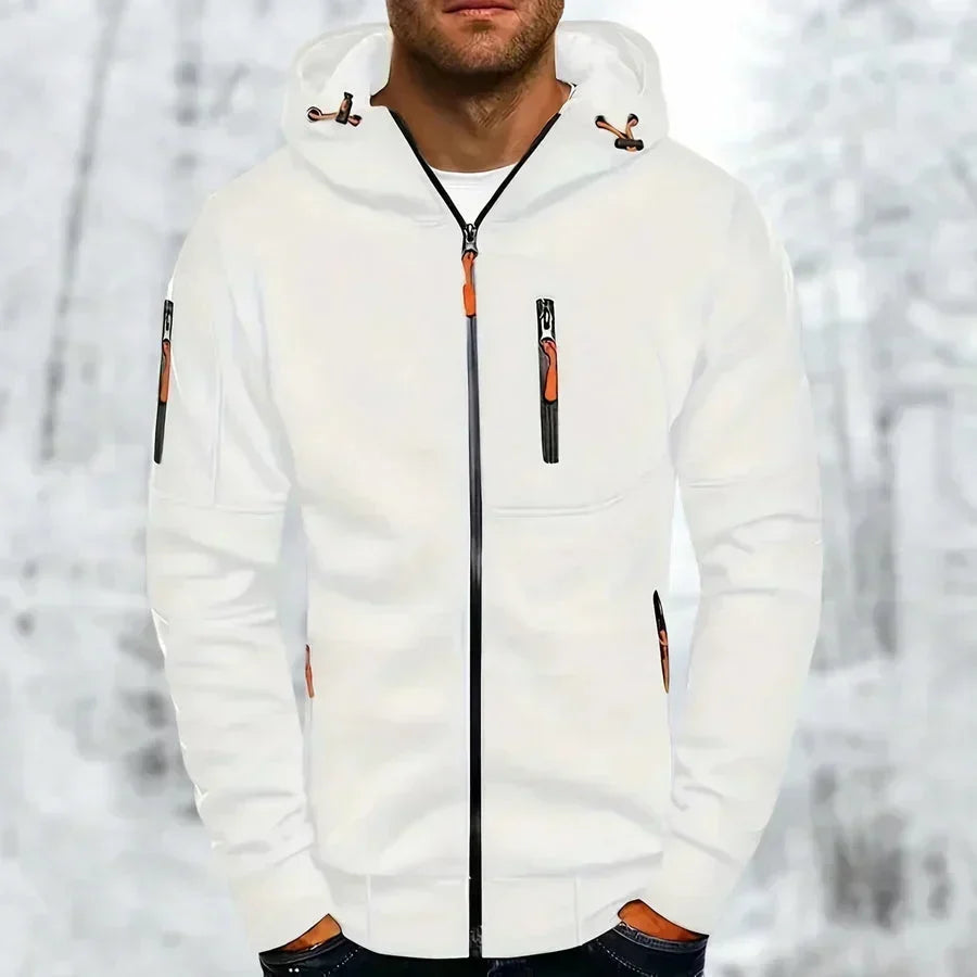 Weißer Kapuzenpullover mit orangefarbenen Reißverschlusszügen und schwarzem Frontreißverschluss, andere Ansicht.