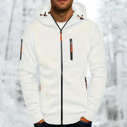 Weißer Kapuzenpullover mit orangefarbenen Reißverschlusszügen und schwarzem Frontreißverschluss, andere Ansicht.