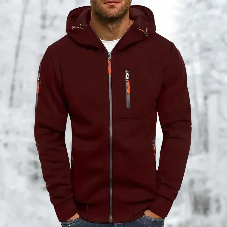 Weinroter Hoodie mit orangefarbenen Zippern und Brusttasche, andere Ansicht.