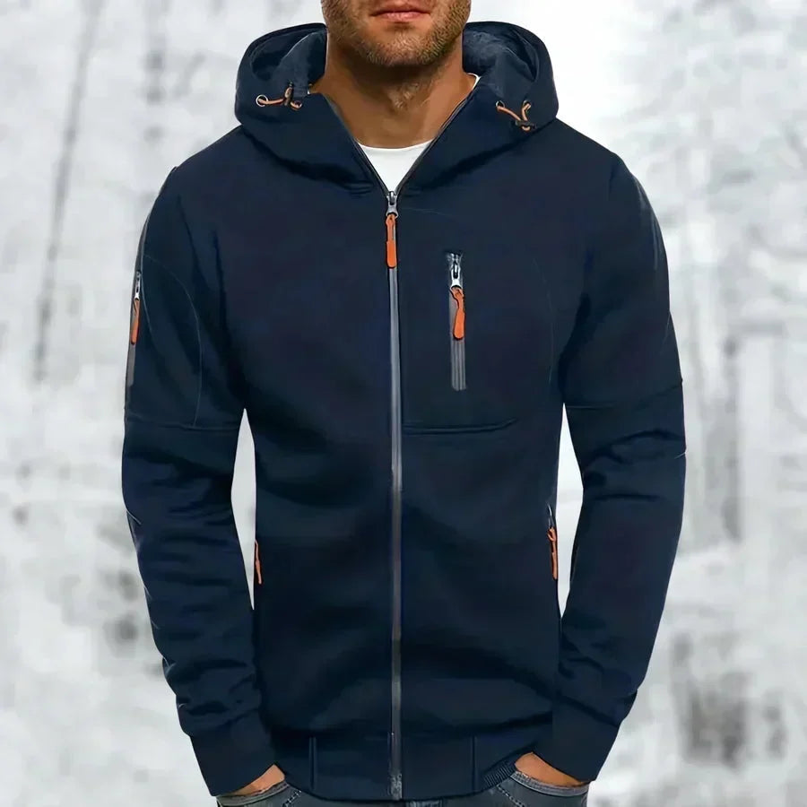 Dunkelblauer Reißverschluss-Kapuzenpullover mit orangefarbenen Zugbändern an der Kapuze und Ärmeltasche, andere Ansicht.