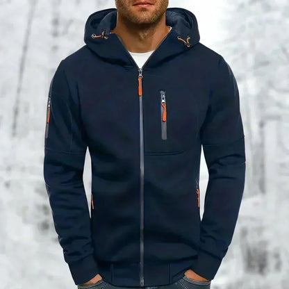 Dunkelblauer Reißverschluss-Kapuzenpullover mit orangefarbenen Zugbändern an der Kapuze und Ärmeltasche, andere Ansicht.
