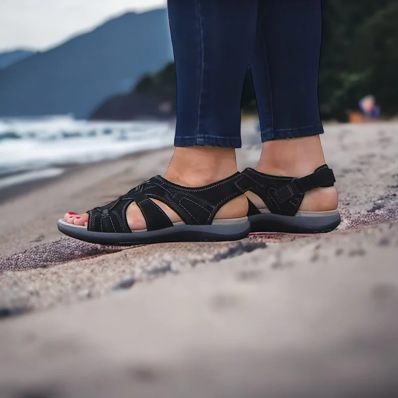 Orthopädische schwarze Sandalen für Damen, bequem, Strand, Sommermode, Naomi.