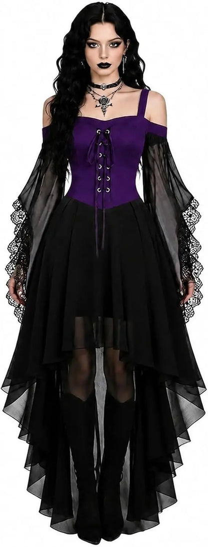 Model im Kleid mit lila Schnürkorsett-Oberteil, schwarzem asymmetrischem Rock und Spitzenärmeln 6