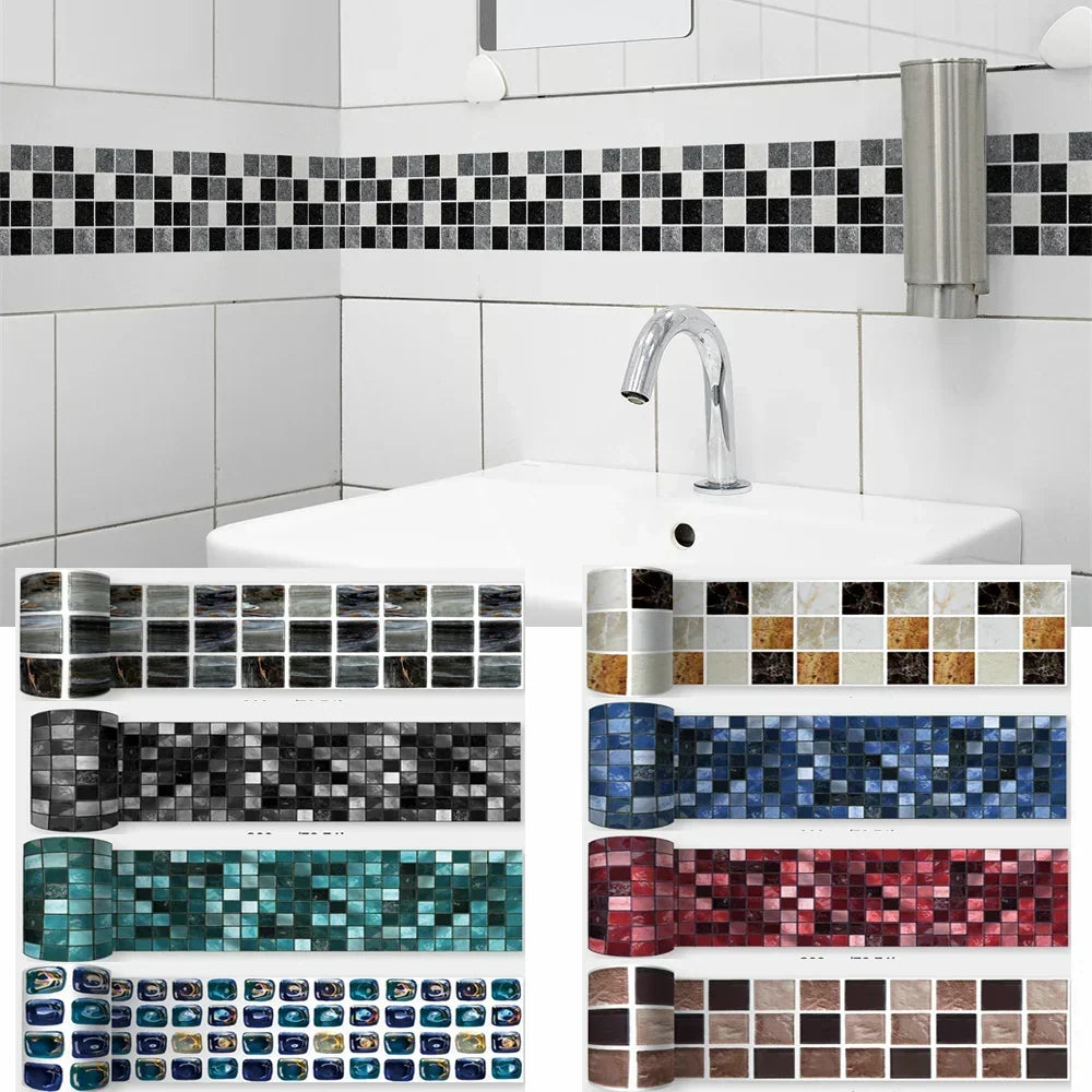 Schwarz-weiß-graue Mosaikbordüre im Bad, darunter eine Auswahl weiterer Mosaikrollen in verschiedenen Farben 13