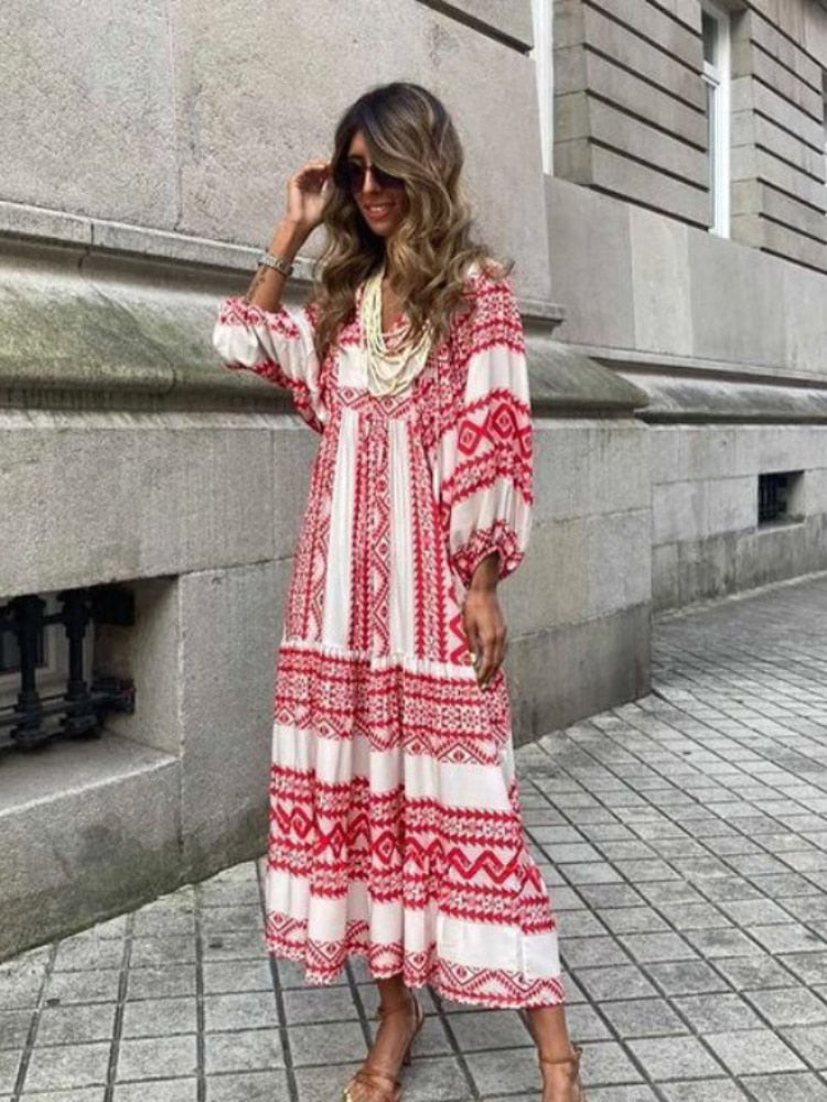 Herbstliches bedrucktes Maxikleid mit Taillenbund – Aurelia