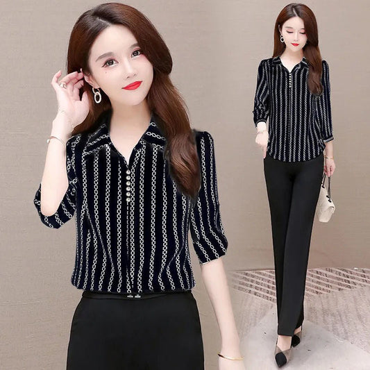 Herbstliche Damen Chiffon Bluse mit Knöpfen & Umschlagkragen – Fenya