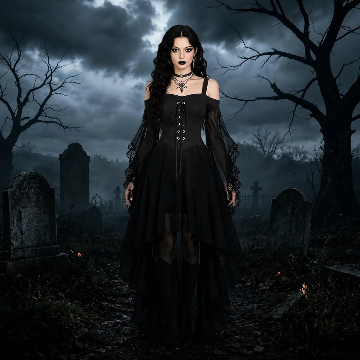 Model im schwarzen Kleid mit Schnürung auf einem nebligen Friedhof mit Grabsteinen und kahlen Bäumen 4