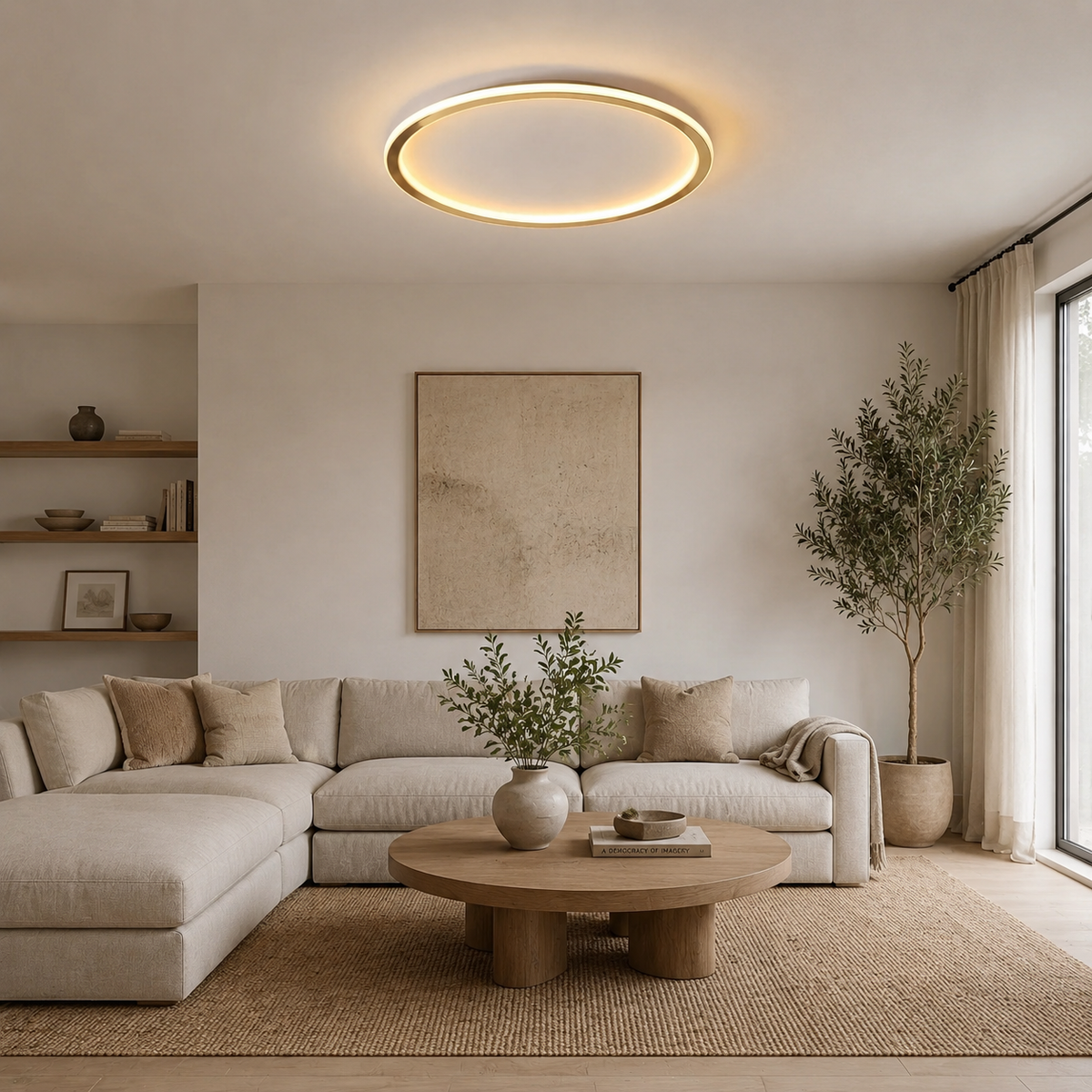 Leuchtender goldener Ring über einem beigen Ecksofa mit rundem Holztisch und Olivenbaum im Wohnraum 6