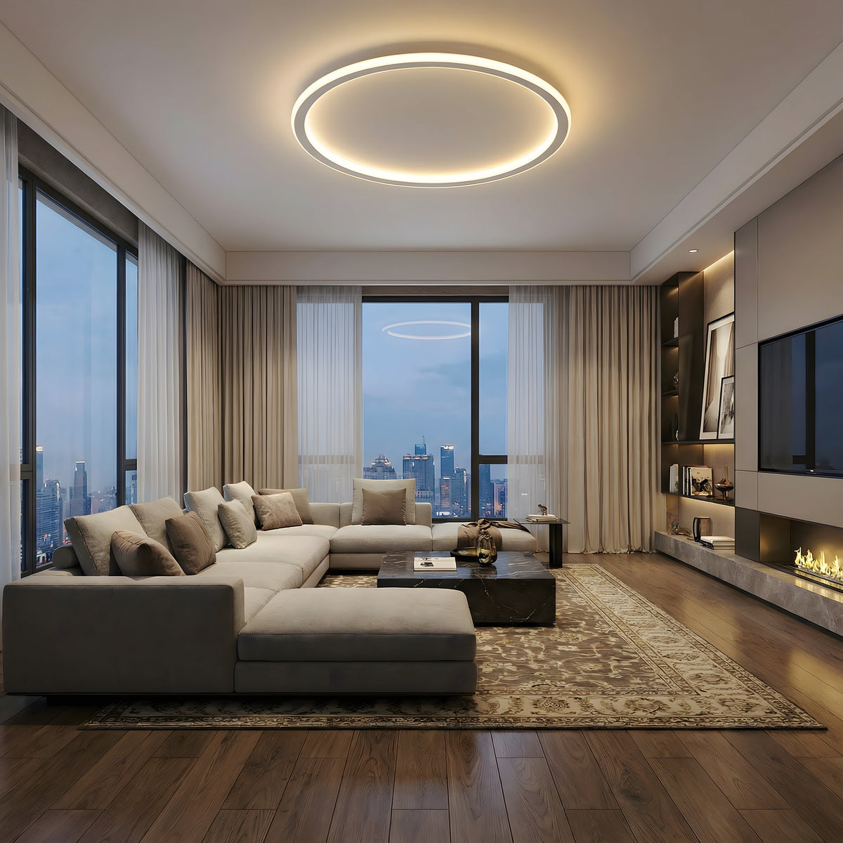 Weiße große LED-Deckenleuchte, weitere Ansicht in einem modernen Wohnzimmer.