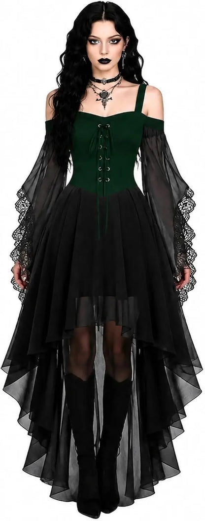 Model im Kleid mit dunkelgrünem Schnürkorsett-Oberteil, schwarzem asymmetrischem Rock und Spitzenärmeln 9