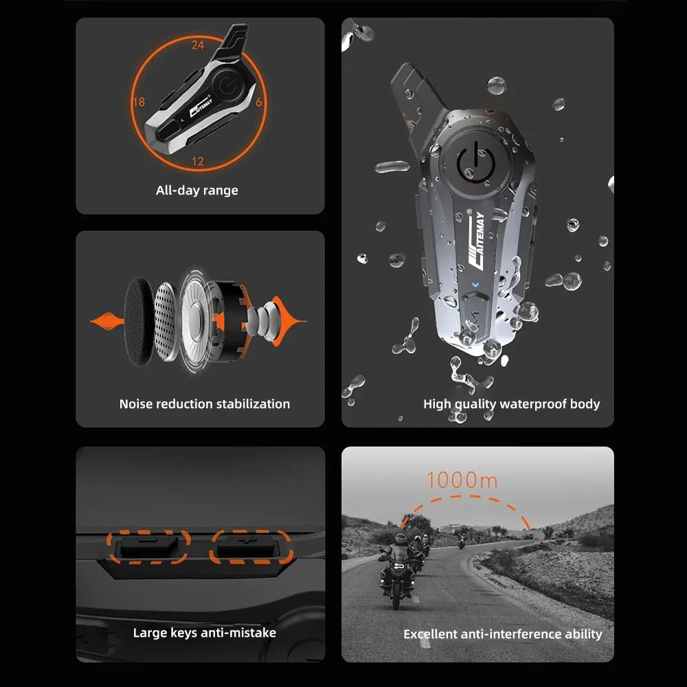 Bluetooth-Motorradhelm-Intercom-Headset mit 1000 m Reichweite & IPX6 wasserdicht – RoadComm