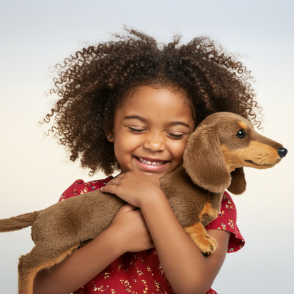 Mädchen hält einen goldenen Plüschhund aus Polyester im Arm.