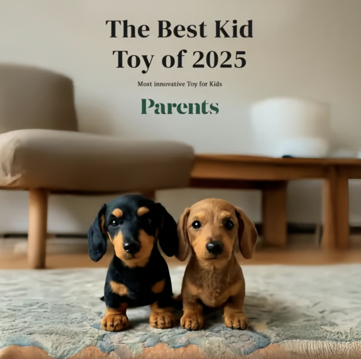 Zwei goldene Plüschhunde aus Polyester in einer anderen Ansicht auf einem Teppich.