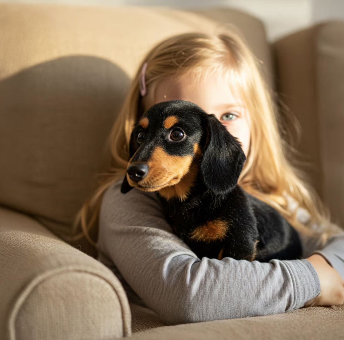 Blondes Kind hält einen goldenen Plüschhund aus Polyester auf dem Sofa im Arm.