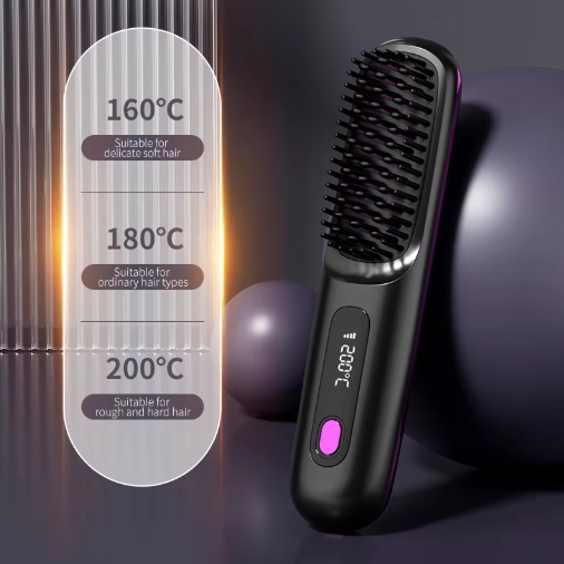 Kabellose beheizte Stylingbürste in schwarz mit Temperaturstufenanzeige, detail