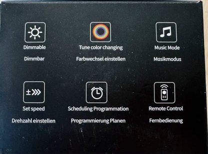 Verpackungsrückseite mit sechs Funktionssymbolen auf schwarzem Grund, darunter Dimmen, Farbwechsel, Musikmodus, Zeitplan und 12