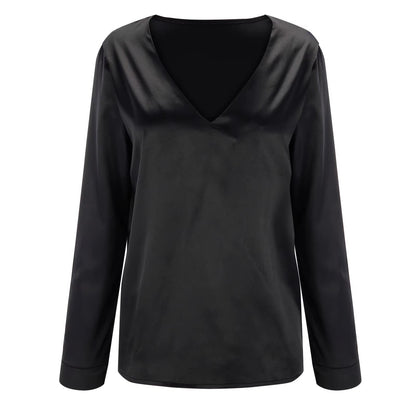 Herbstliche Satin Damenbluse mit tiefem V-Ausschnitt & langen Ärmeln – Daria