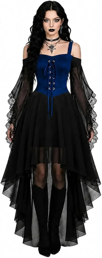 Model im Kleid mit blauem Schnürkorsett-Oberteil, schwarzem asymmetrischem Rock und Spitzenärmeln 5