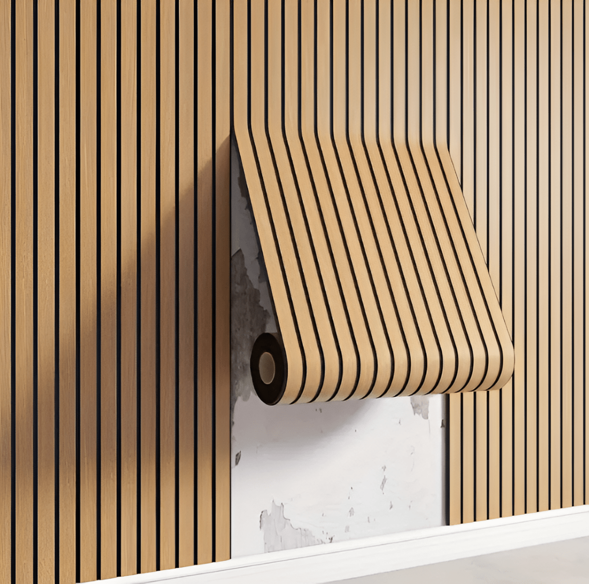 Selbstklebende Holzpaneele in Beige und Braun als Bahn an der Wand