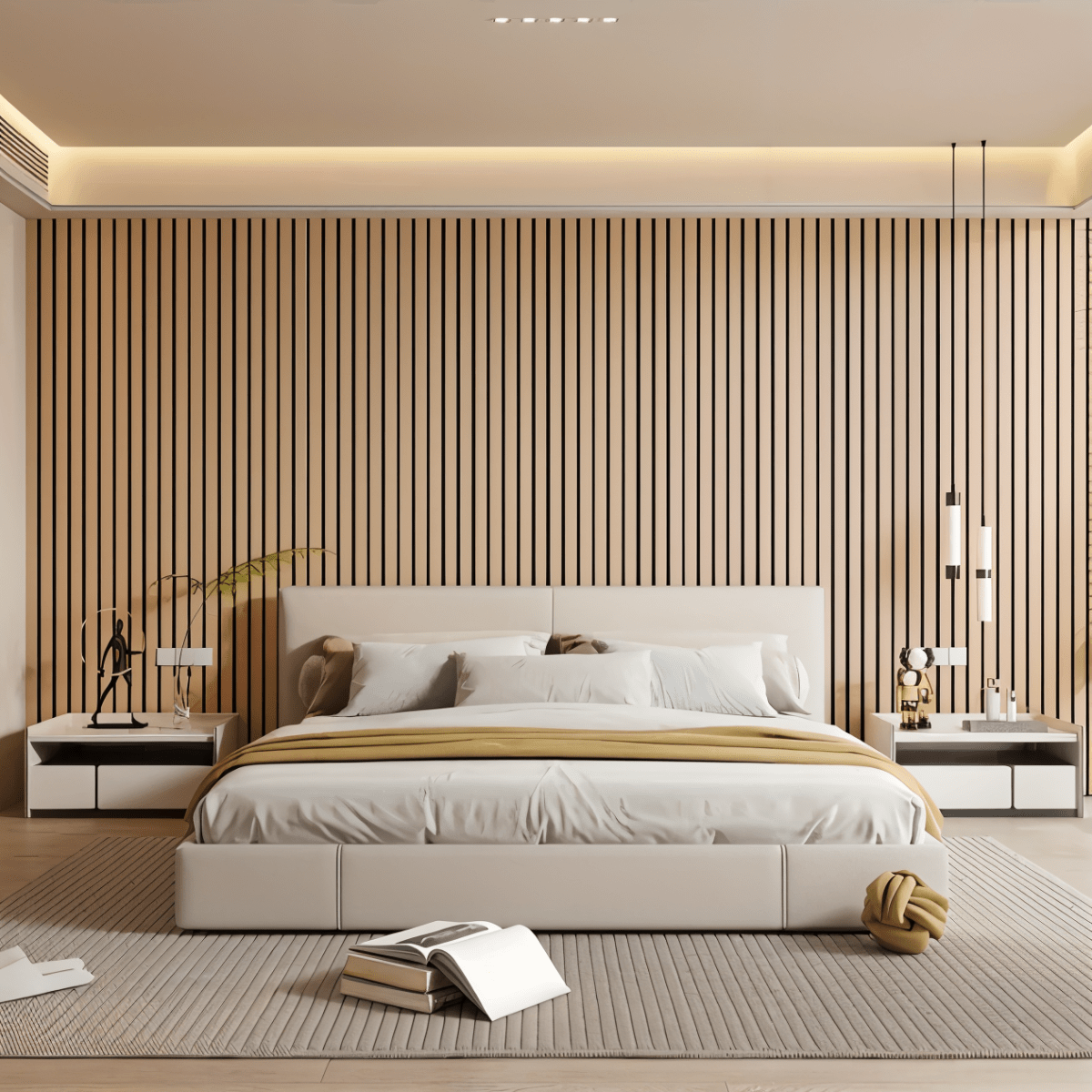 Selbstklebende Holzpaneele im Schlafzimmer hinter einem cremefarbenen Bett