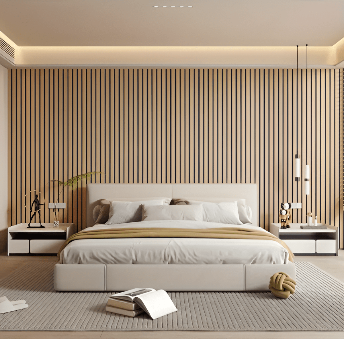 Selbstklebende Holzpaneele im hellen Schlafzimmer hinter dem Bett