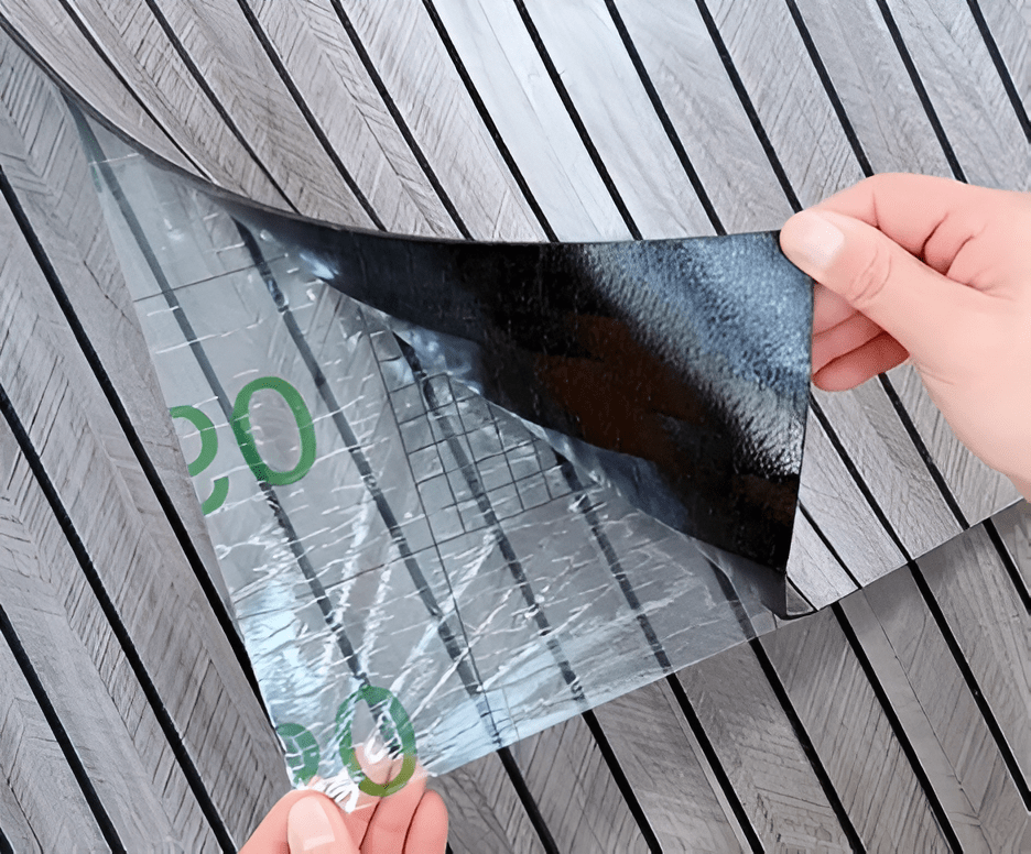 Detail der selbstklebenden Holzpaneele mit abgezogener Schutzfolie