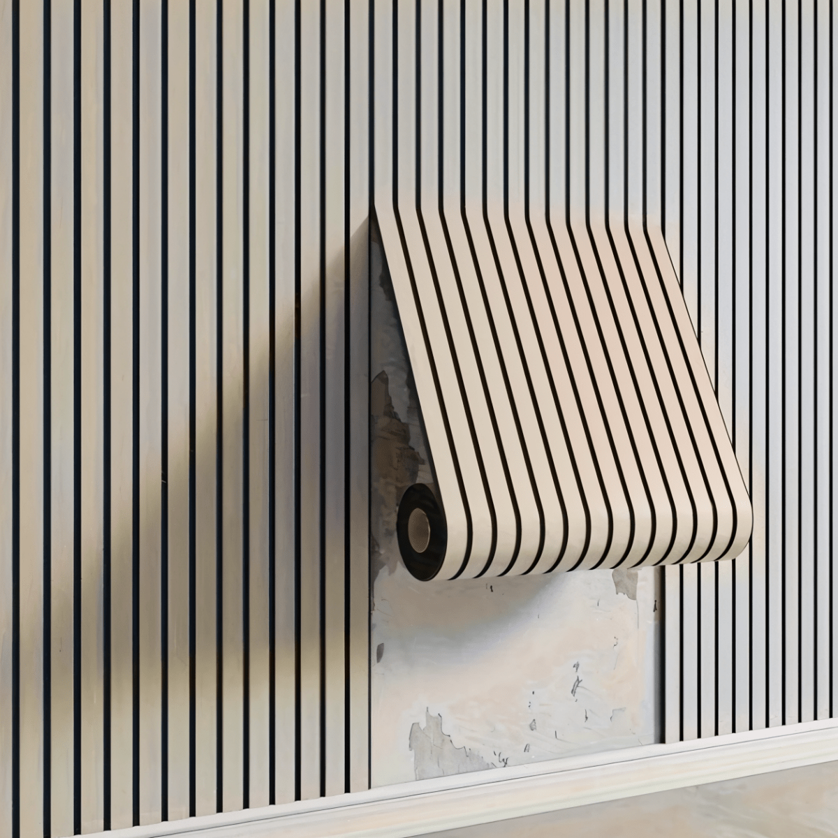 Selbstklebende Holzpaneele in Hellbeige als Bahn an der Wand