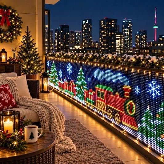 Lichtvorhang am Balkongeländer zeigt abends eine leuchtende Weihnachtseisenbahn mit Tannen und Schneeflocken, davor 1