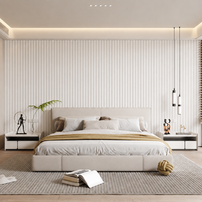 Schlafzimmer mit weißer Lamellenwand hinter dem Bett, helle Einrichtung und Hängeleuchten 9