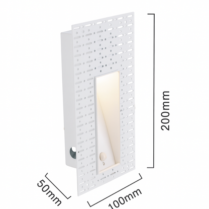 Schmale leuchtende Einbauleuchte mit Maßangaben 200 mm Höhe, 100 mm Breite und 50 mm Tiefe 18