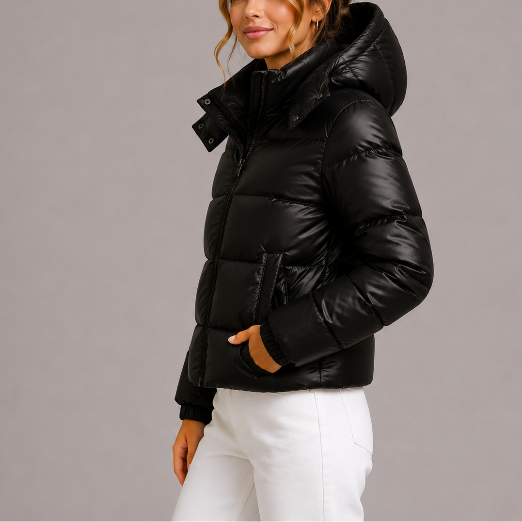 Seitenansicht: Model in der schwarzen glänzenden Steppjacke mit Kapuze, eine Hand in der Seitentasche 3