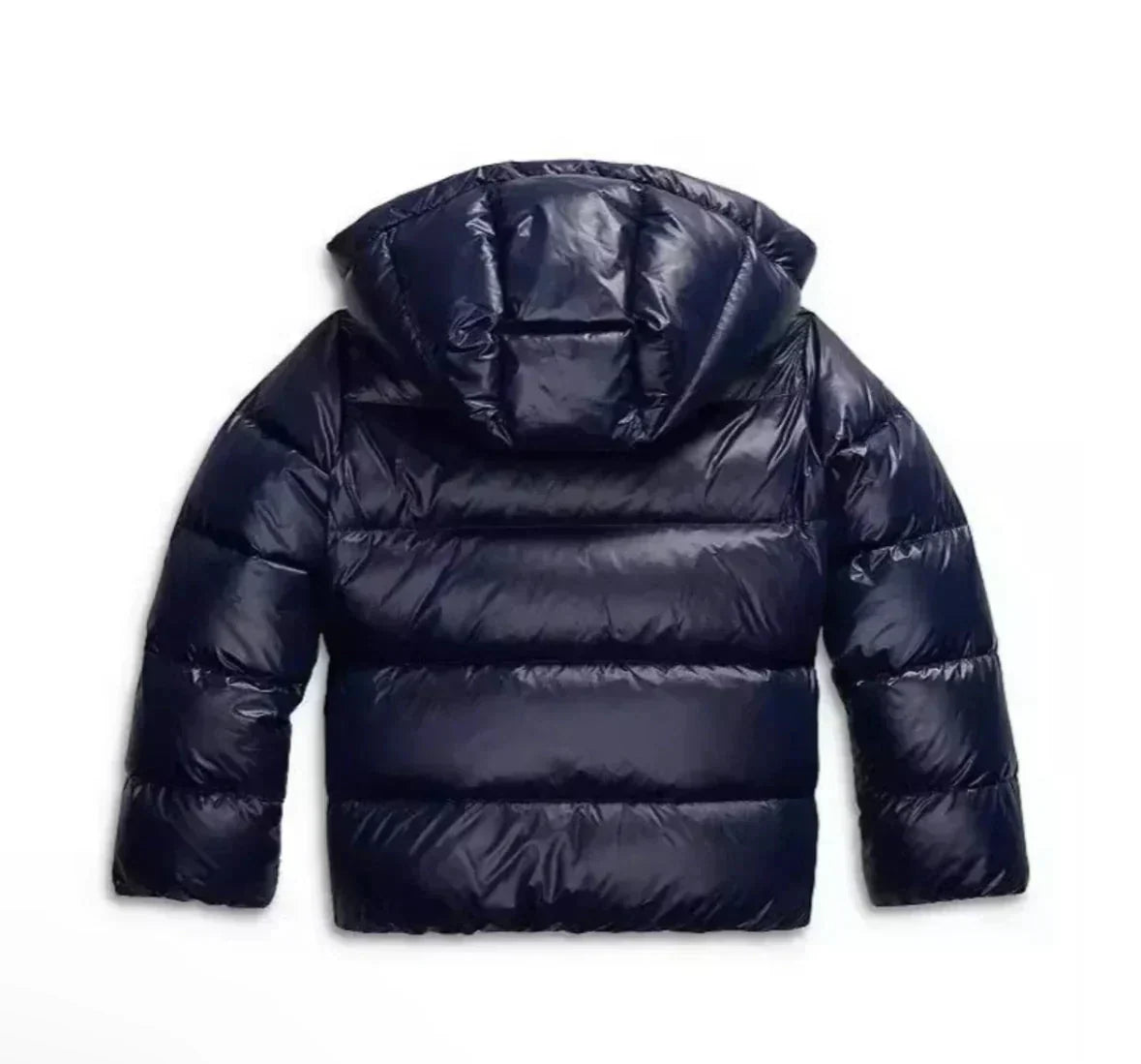 Freisteller der marineblauen Steppjacke von hinten mit Kapuze und waagerechten Steppnähten 6
