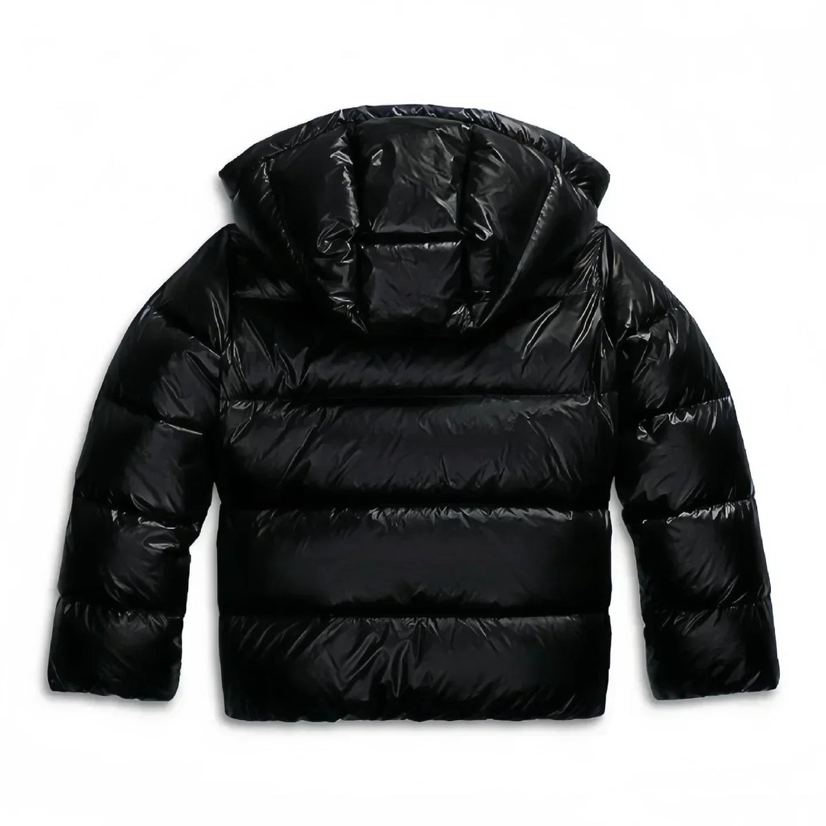 Freisteller der schwarzen Steppjacke von hinten mit Kapuze und waagerecht gesteppten Kammern 8