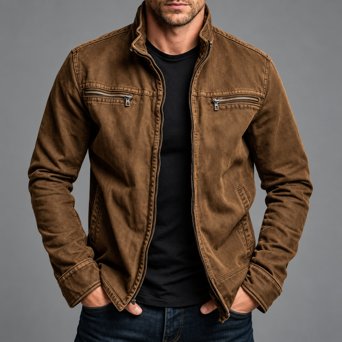 Braune Variante der Jacke in gewaschener Optik, offen getragen über schwarzem Shirt, Hände in den Taschen 6