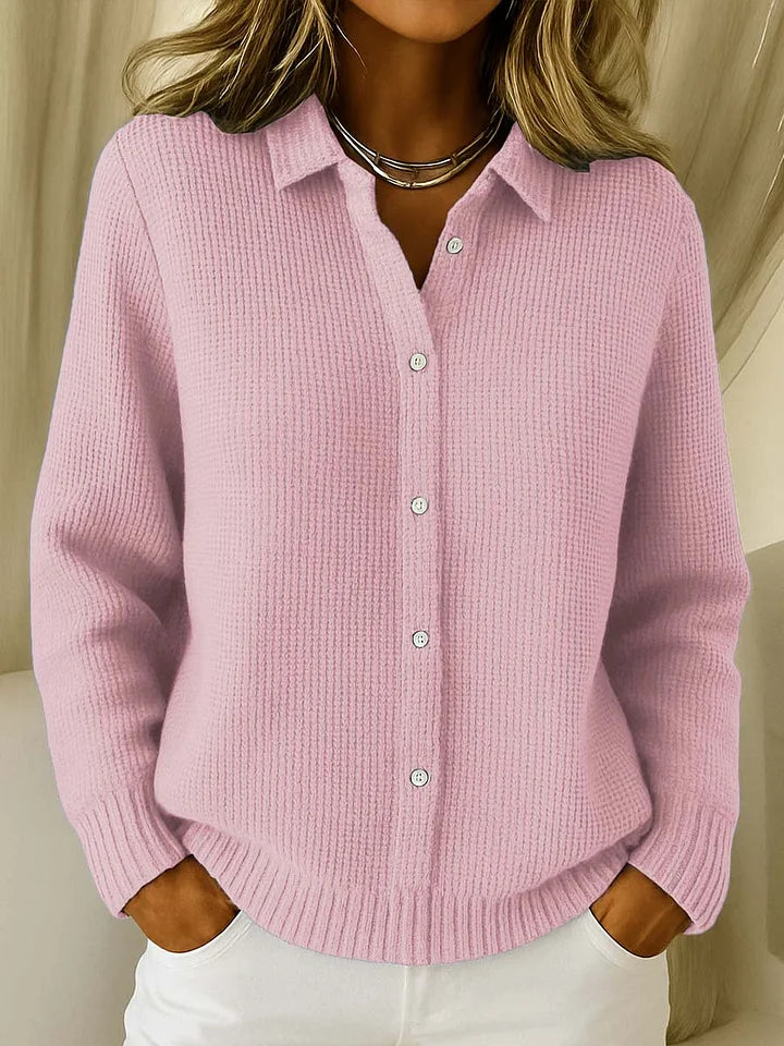 Damen-Strickpullover mit Struktur, Kragen und Knopfleiste in Rosa, andere Ansicht