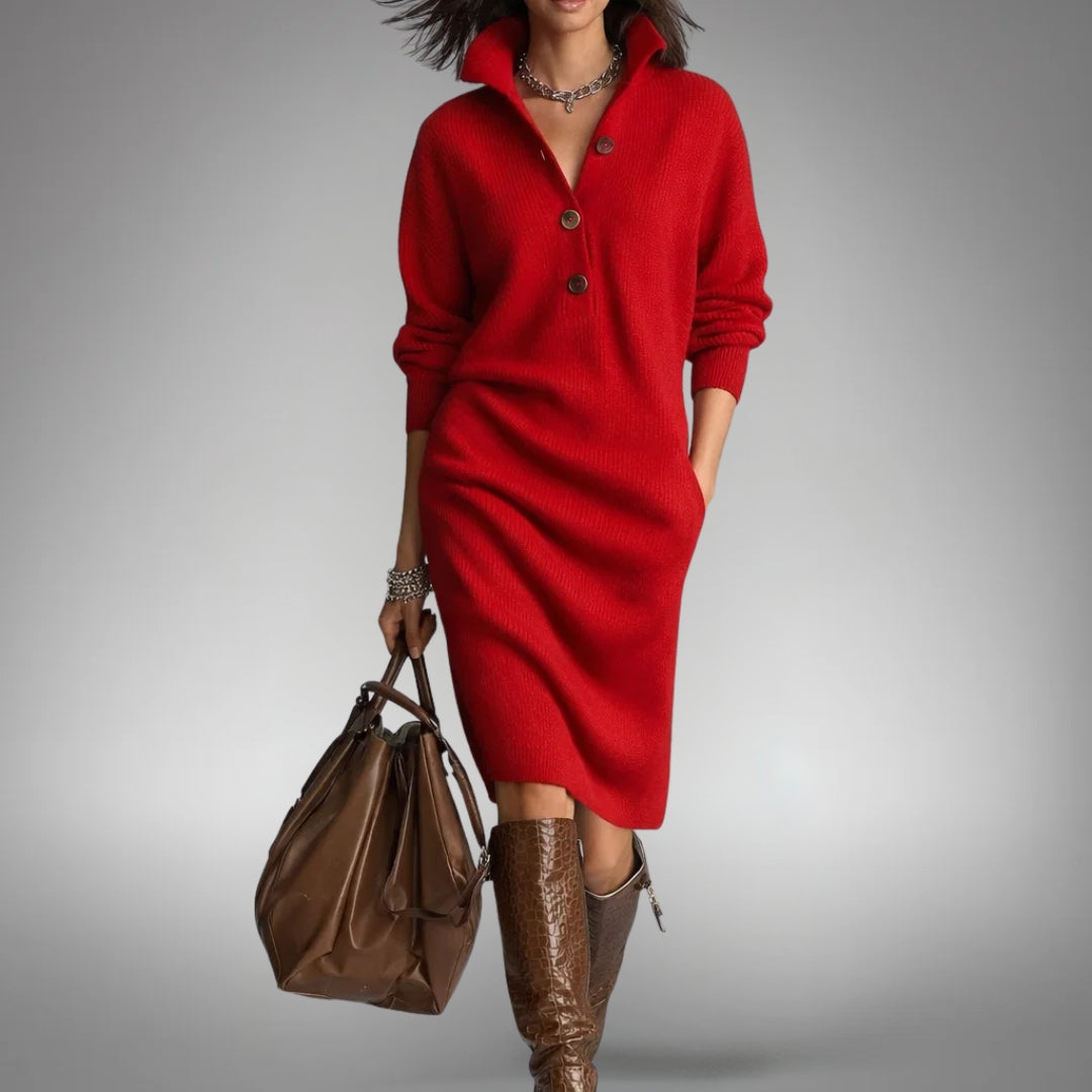 Rotes Strickkleid mit Kragen und drei Knöpfen an einer Model-Vorderansicht, dazu braune Tasche und Stiefel in Kroko-Optik 4