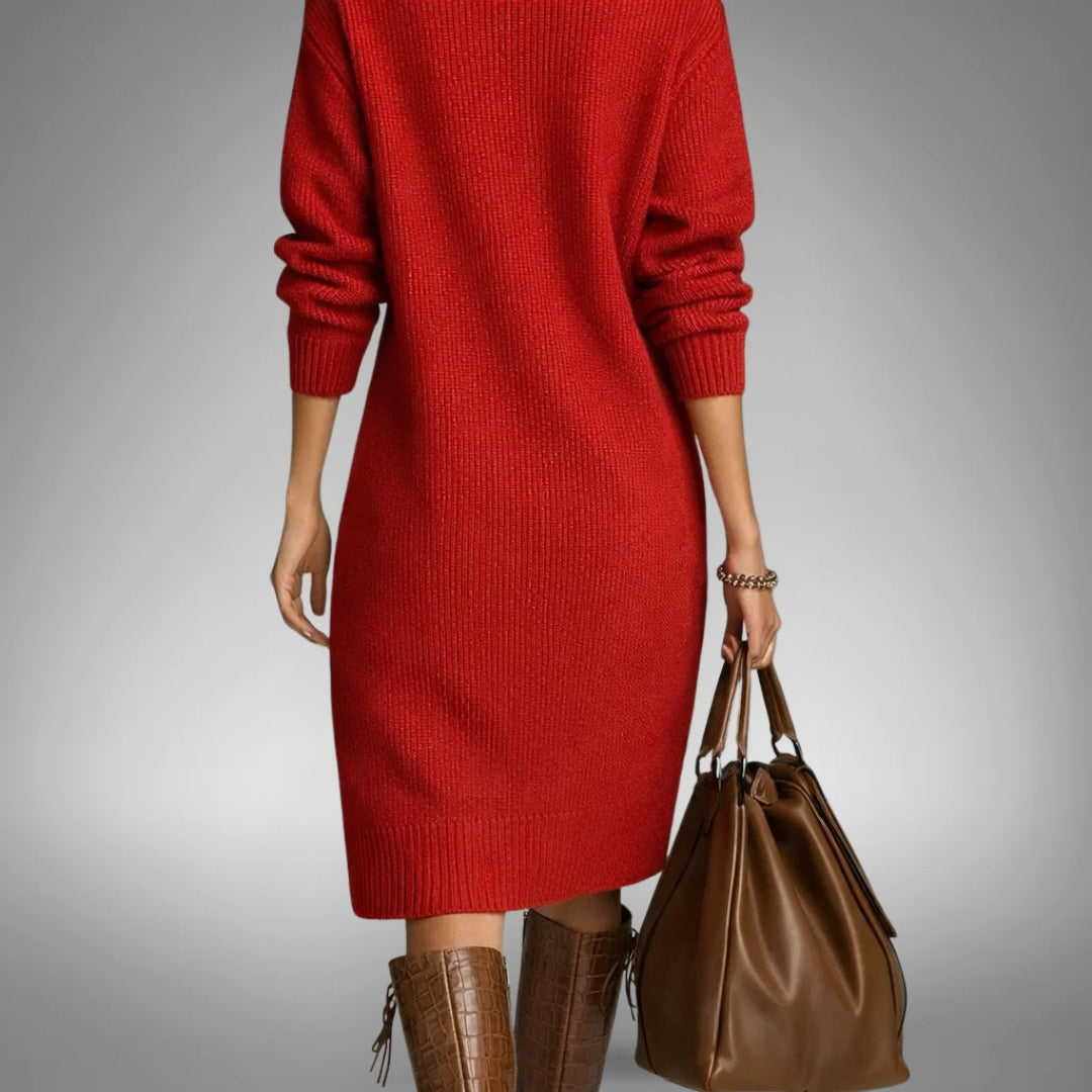 Rotes Midikleid aus Rippstrick von hinten, mit gerippten Bündchen und Saum, dazu braune Stiefel und Tasche 5
