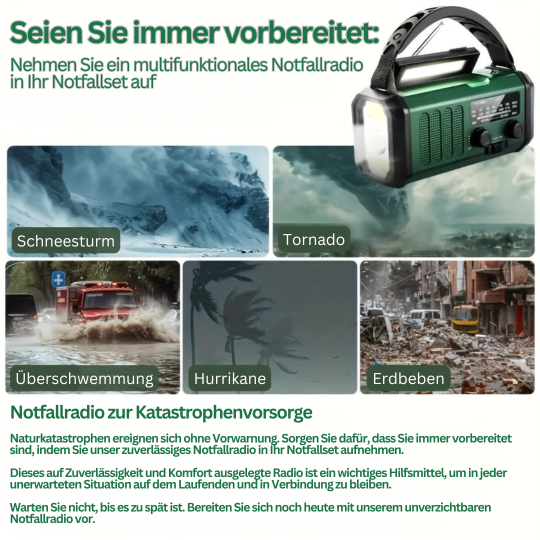 Multifunktionales Notfallradio, grün, mit Kurbel, Solarpanel, LED-Licht, USB-Anschluss.