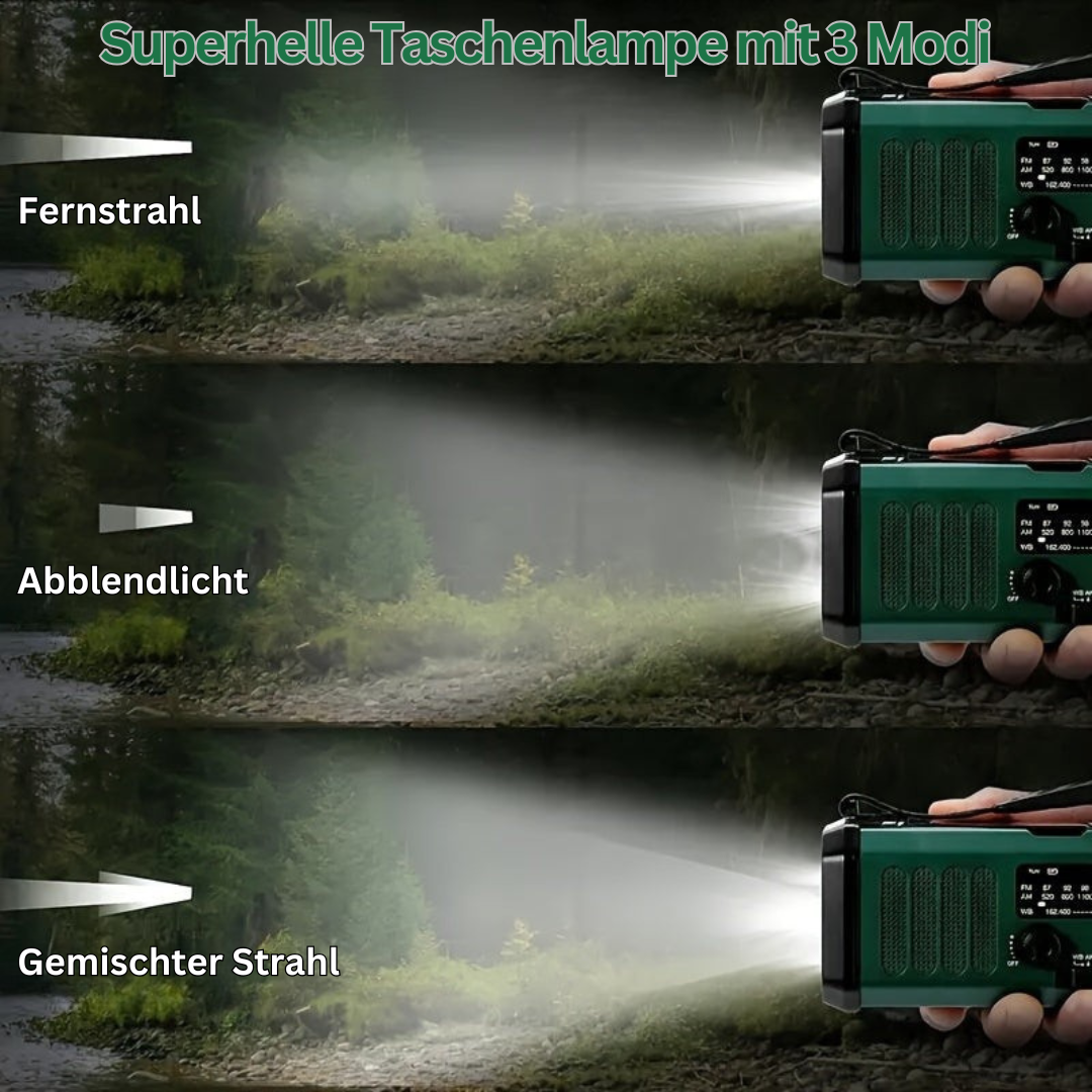 Superhelle grüne Taschenlampe mit 3 Modi: Fernstrahl, Abblendlicht, Gemischter Strahl.