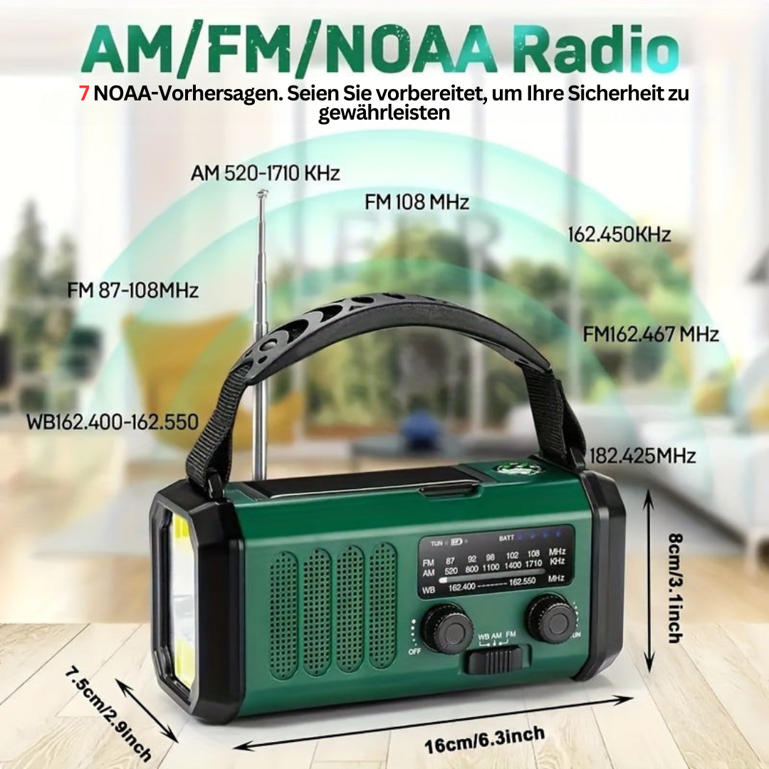 Tragbares AM/FM/NOAA-Radio, grün, mit Handkurbel, Notfallfunktion, kompakt, robust.