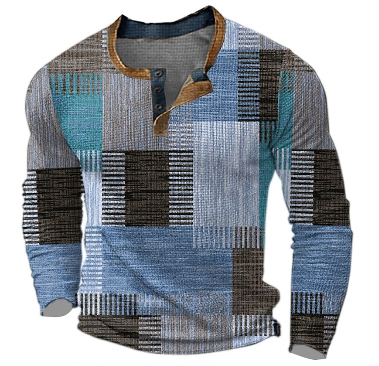 Herren-Henley-Sweatshirt mit geometrischem Muster in Hellblau, Türkis und Braun, Vorderansicht mit Knopfleiste und braunem Kragenbesatz.